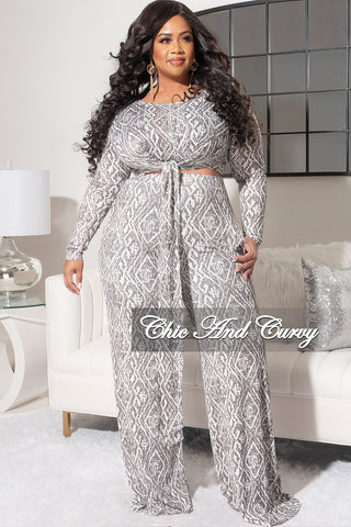 Final Sale Plus Size 2pc Long Sleeve Tie Top and Pants Set in Olive and White Design Print
