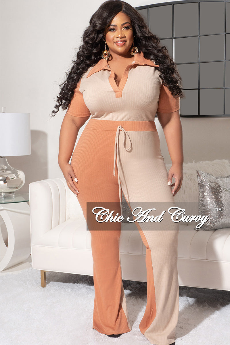 Final Sale Plus Size 2pc Colorblock Ribbed Collar Top and Pants Set in Mocha and Rust