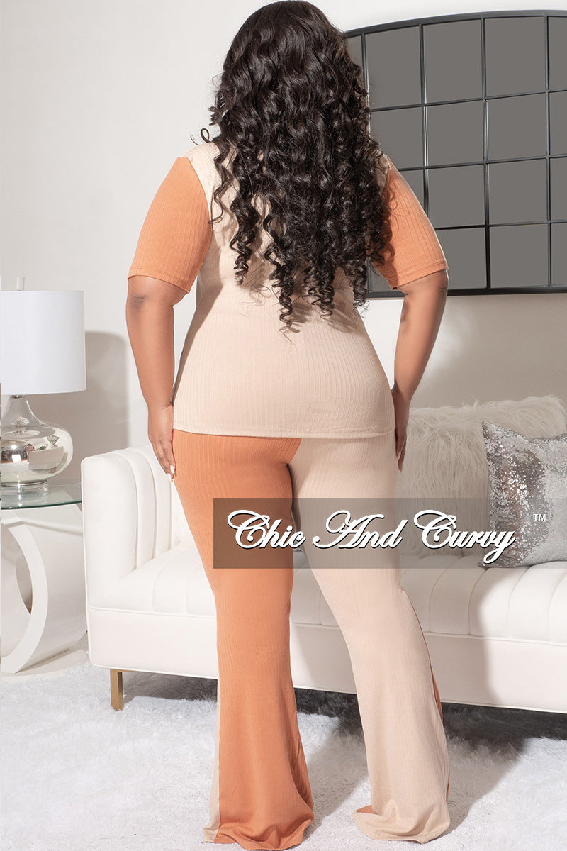 Final Sale Plus Size 2pc Colorblock Ribbed Collar Top and Pants Set in Mocha and Rust