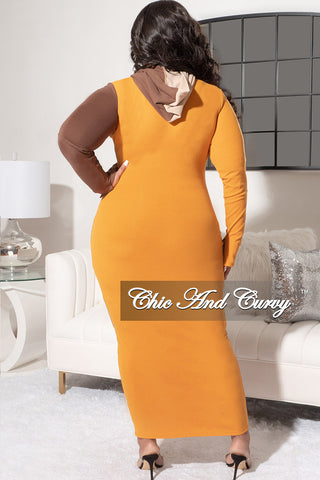 Final Sale Plus Size Long Sleeve Rib Hooded Midi BodyCon Dress in Orange Tan Brown