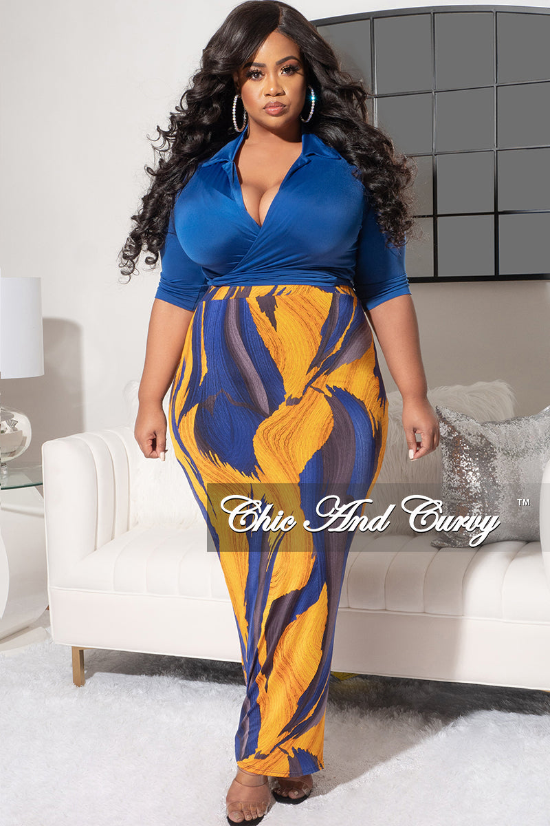 Final Sale Plus Size 2pc Short Sleeve Crop Tie Top and Pencil Skirt in Royal Blue and Mustard Design Print