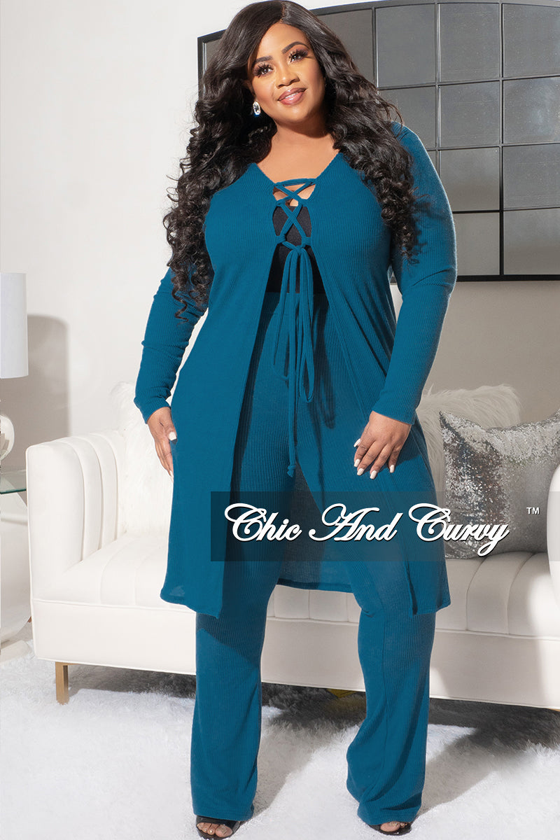 Final Sale Plus Size pc Ribbed Long Sleeve Lace Up Top and Pants Set in Teal