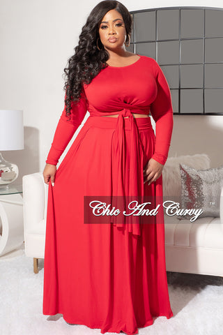 Final Sale Size 2pc Long Sleeve Tie Top Maxi Skirt Set in Red