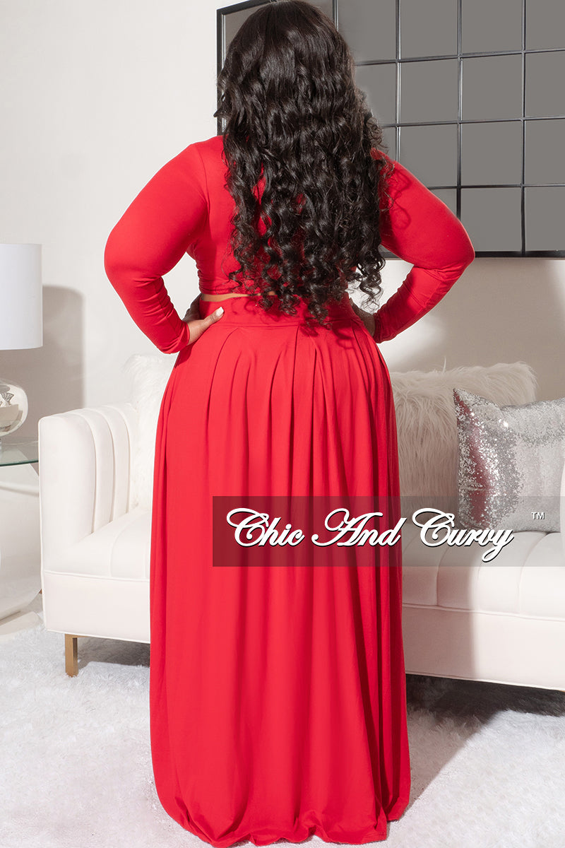 Final Sale Size 2pc Long Sleeve Tie Top Maxi Skirt Set in Red