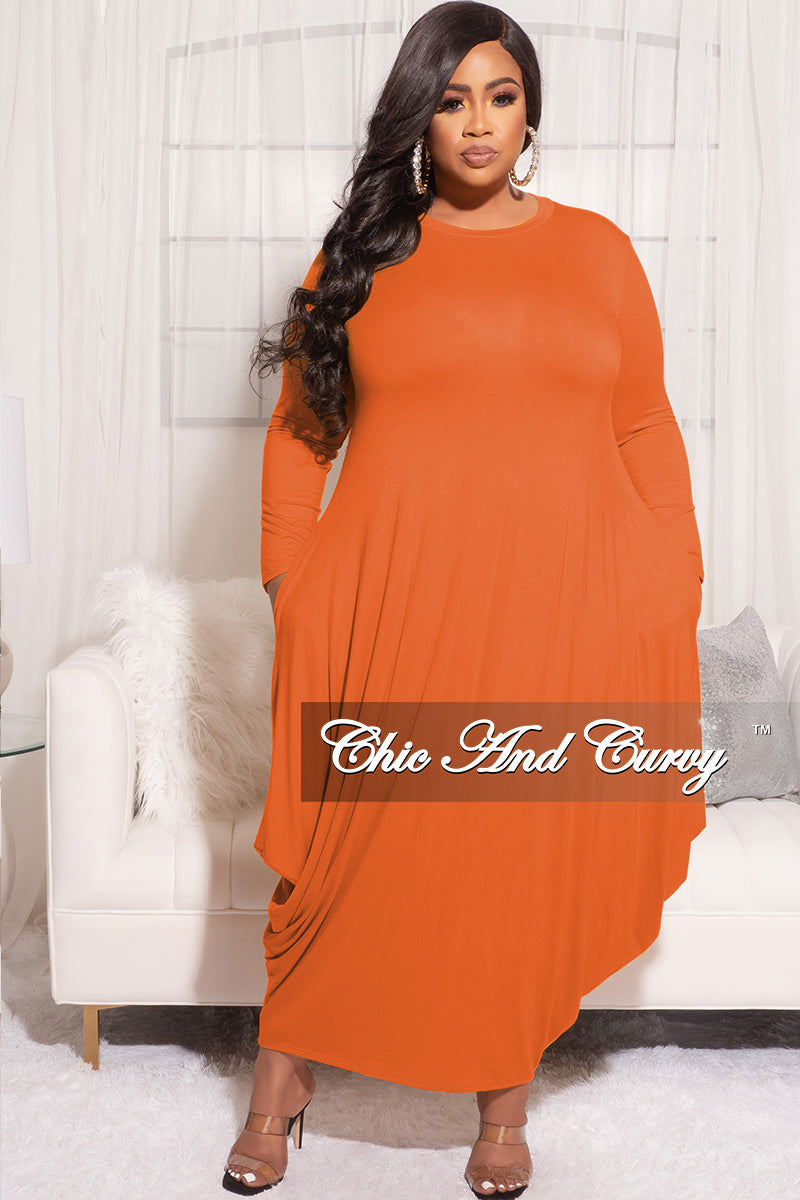 Final Sale Plus Size Long Sleeve Casual Loose Pocket Dress in Orange