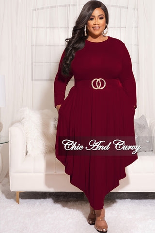 Final Sale Plus Size Long Sleeve Casual Loose Pocket Dress in Burgundy
