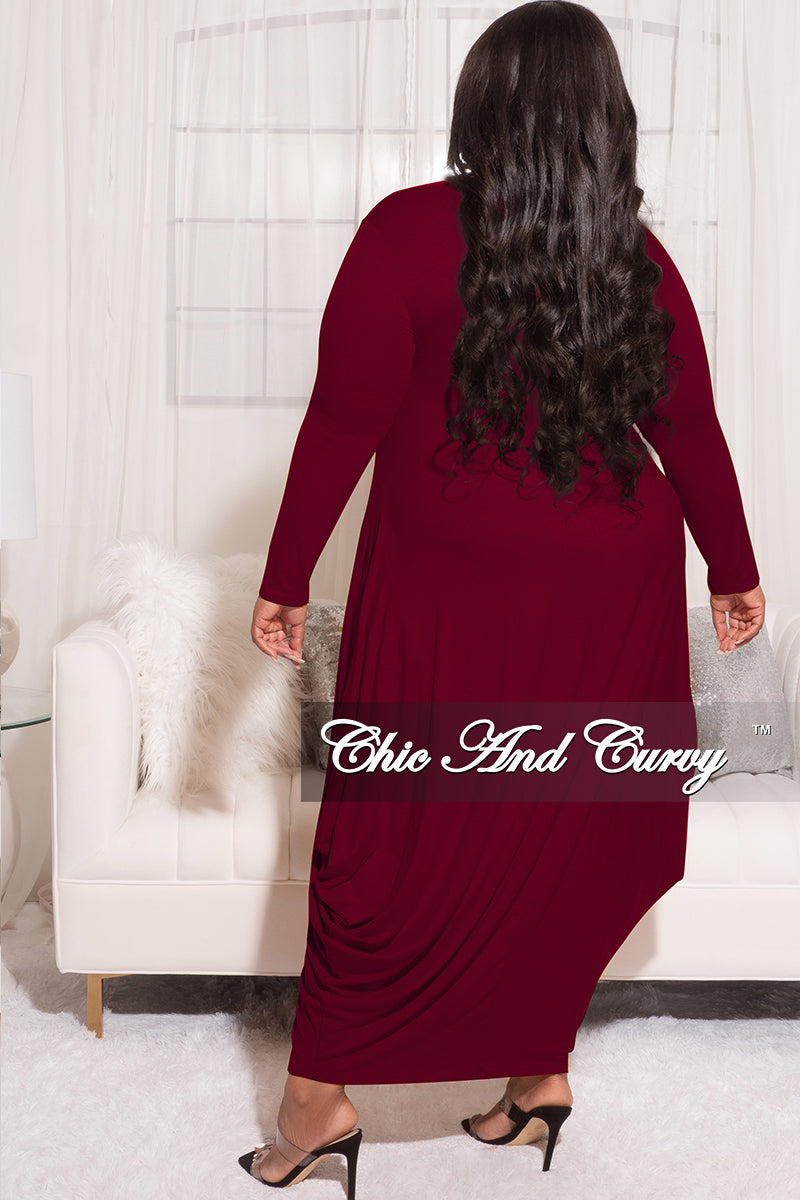 Final Sale Plus Size Long Sleeve Casual Loose Pocket Dress in Burgundy