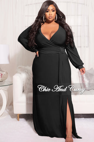 Final Sale Plus Size Faux Wrap Maxi Dress with Side Slit in Black