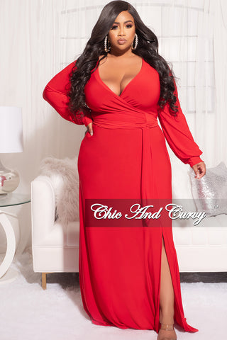 Final Sale Plus Size Faux Wrap Maxi Dress with Side Slit in Red