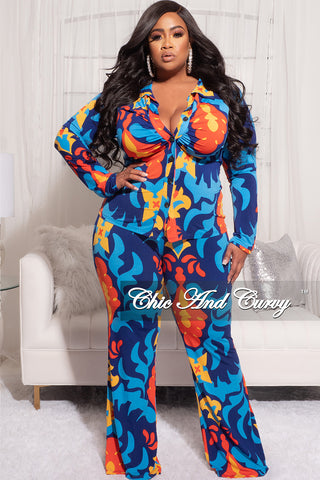 Final Sale Plus Size 2pc Long Sleeved Button Up Shirt and Pants Set in Blue and Orange