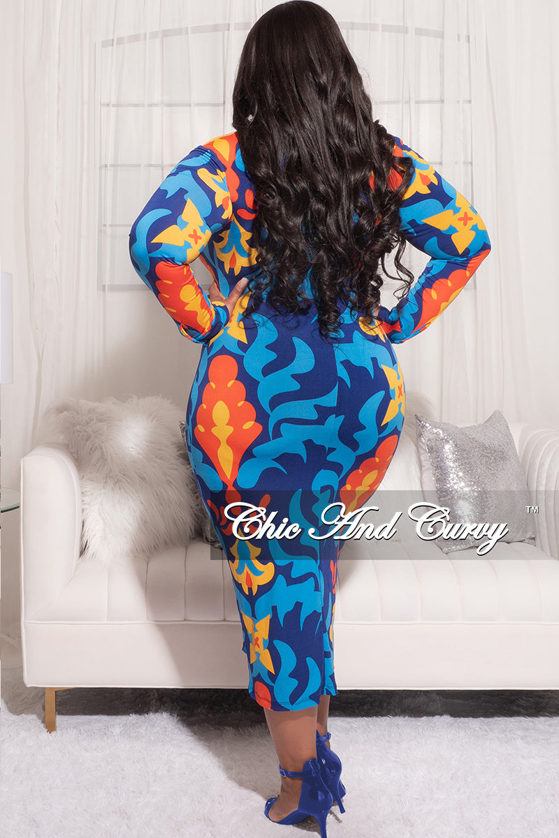 Final Sale Plus Size Collar Button Up Dress in Blue and Orange Design Print Kim 7