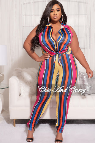 Final Sale Plus Size 2pc Sleeveless Crop Tie Top & High Waist Pant in Multi Color Stripe Print
