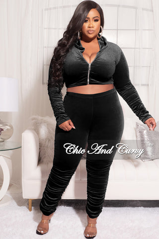 Final Sale Plus Size 2pc Ruched Hooded Zip-Up Top and Pants Set in Black Velvet