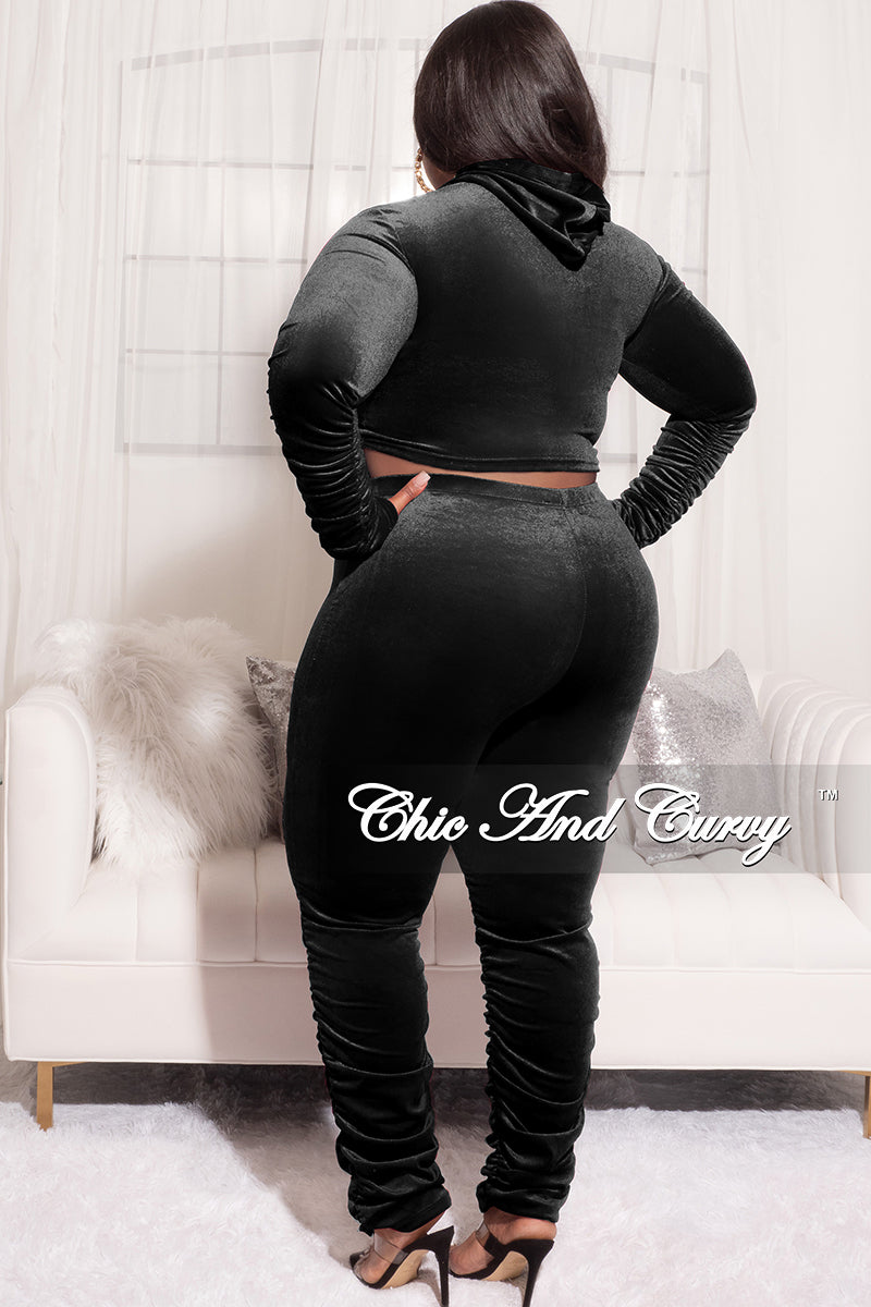Final Sale Plus Size 2pc Ruched Hooded Zip-Up Top and Pants Set in Black Velvet