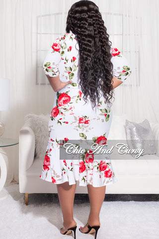 Final Sale Plus Size Faux Wrap BodyCon Dress with Waist Tie and Bottom Ruffle in White and Red Floral Print