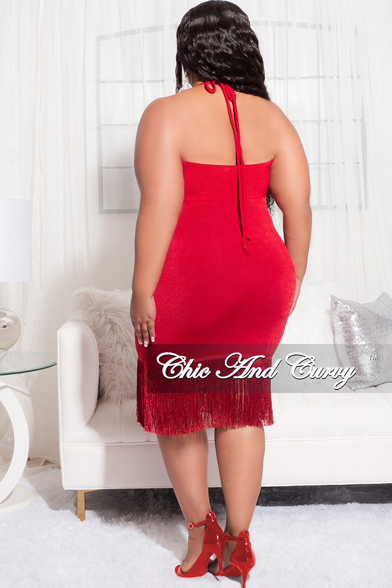 Final Sale Plus Size Halter BodyCon Dress with Bottom Fringe in Red