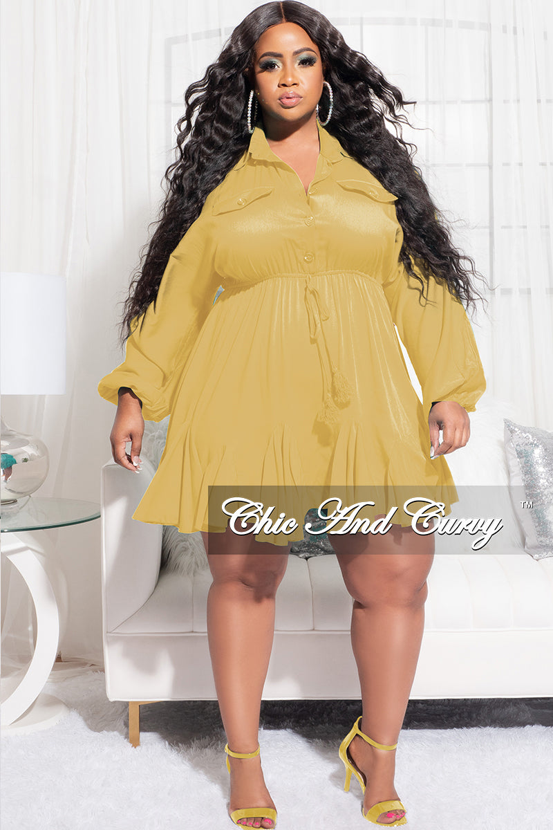 Final Sale Plus Size Collar Button Up Baby Doll Flare Dress in Mustard