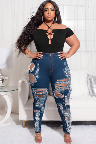 Final Sale Plus Size Off the Shoulder Bodysuit with Lace Up Front in Black