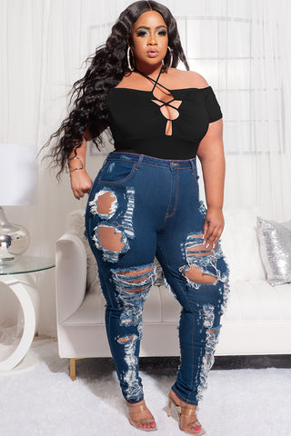 Final Sale Plus Size Off the Shoulder Bodysuit with Lace Up Front in Black