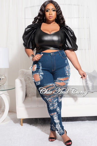 Final Sale Plus Size Faux Leather Puffy Sleeve Crop Top in Black
