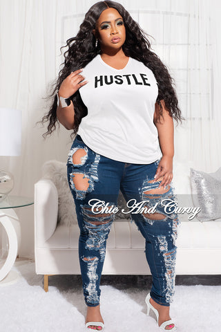 Final Sale Plus Size Short Sleeve White Hustle T-Shirt with Black Lettering