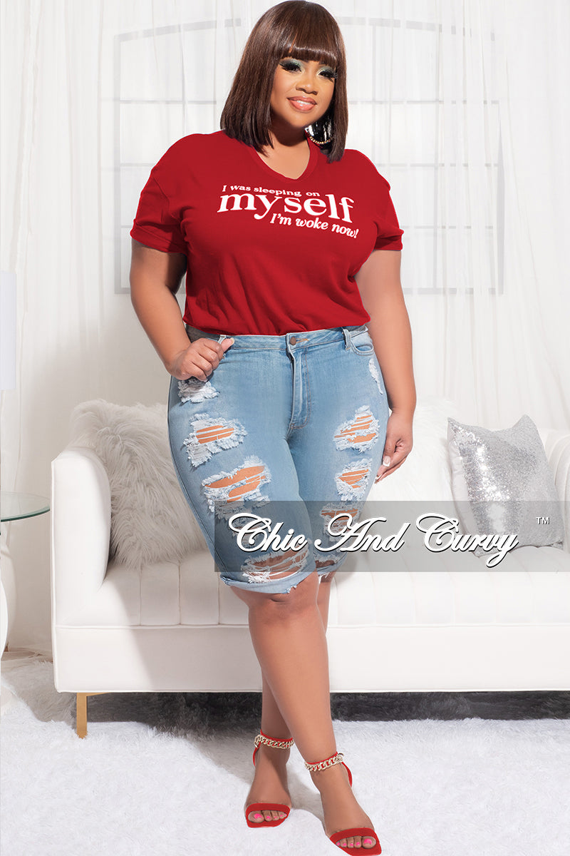 Final Sale Plus Size Short Sleeve Crew Neck I Was Sleeping On Myself I'm Woke Now T-Shirt in Red