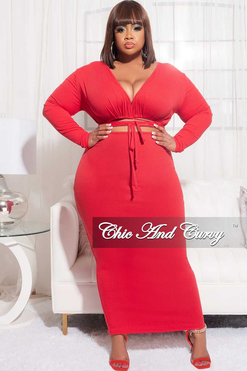 Final Sale Plus Size Long Sleeve Ribbed BodyCon with Front Cutout in Red