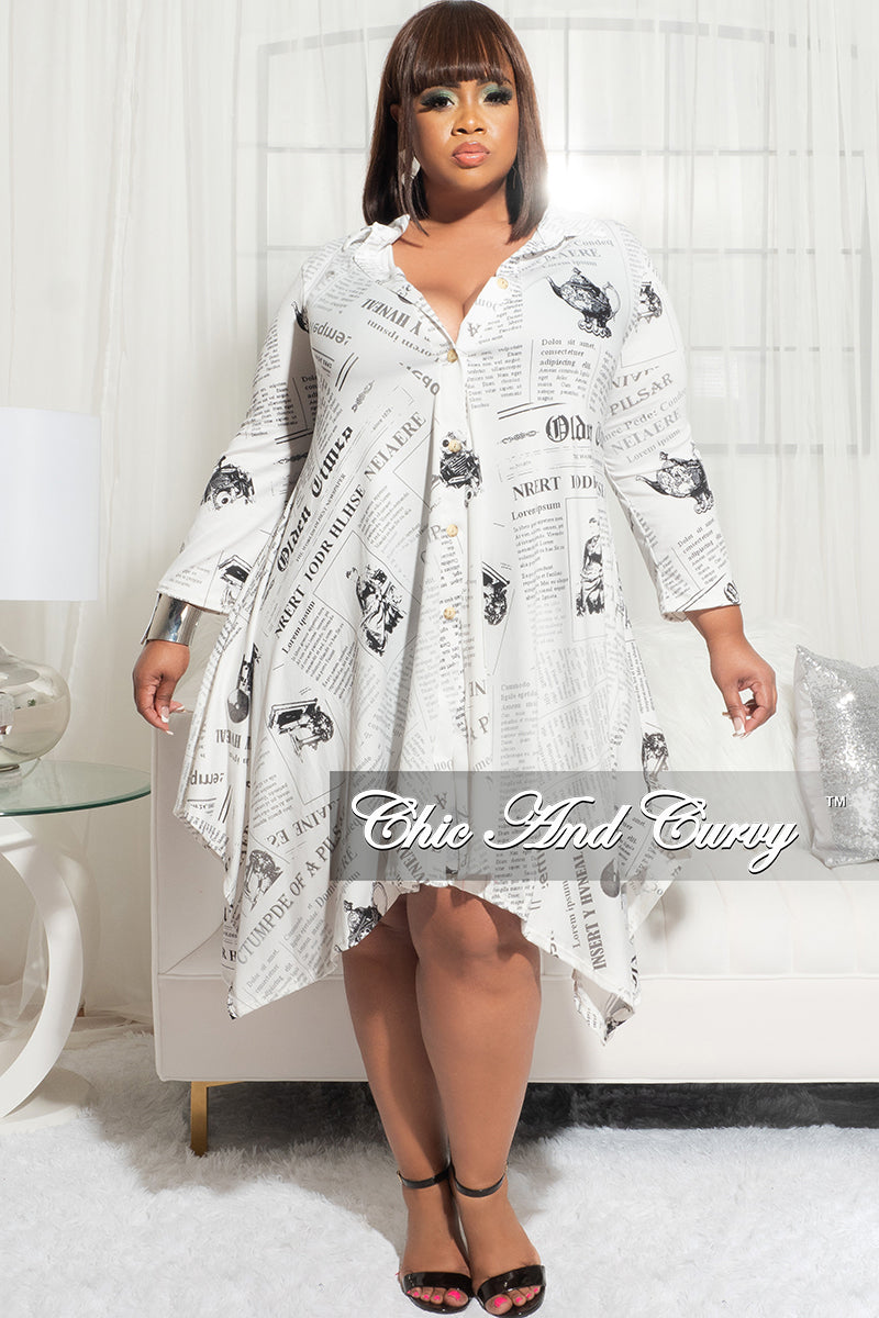 Final Sale Plus Size Hi-Low Shirt Dress in White and Black News Print
