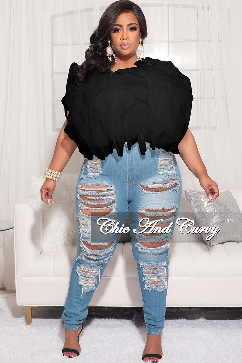 Final Sale Plus Size Sleeveless Ruffle Tulle Crop Top Blouse in Black