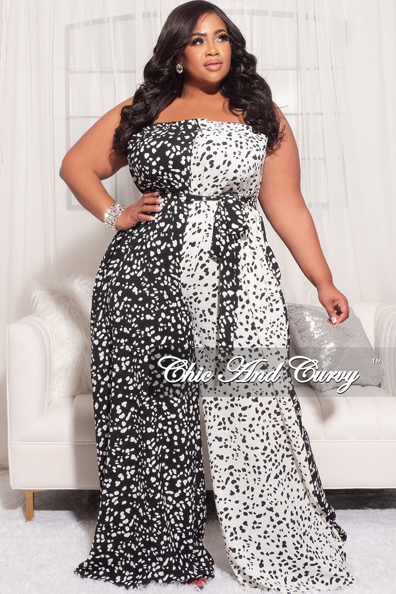 Final Sale Plus Size Strapless Polka Dot Color Block Jumpsuit in Black and White