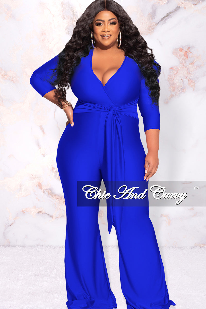 Available Online Only - Final Sale Plus Size Faux Wrap  Shiny Jumpsuit in Royal Blue