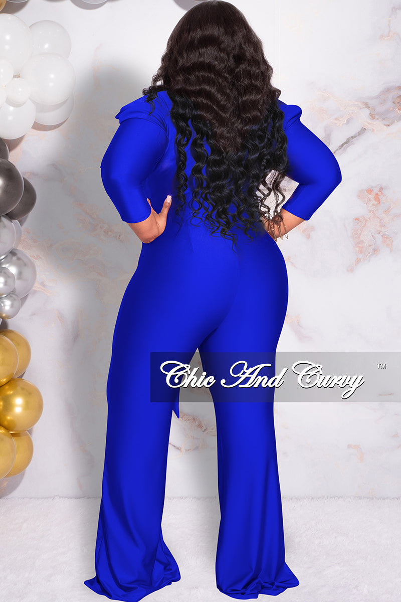 Available Online Only - Final Sale Plus Size Faux Wrap  Shiny Jumpsuit in Royal Blue