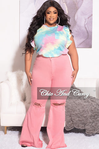 Final Sale Plus Size Ruffle Trim Pocket Patched Shirt in Rainbow Cloud Print
