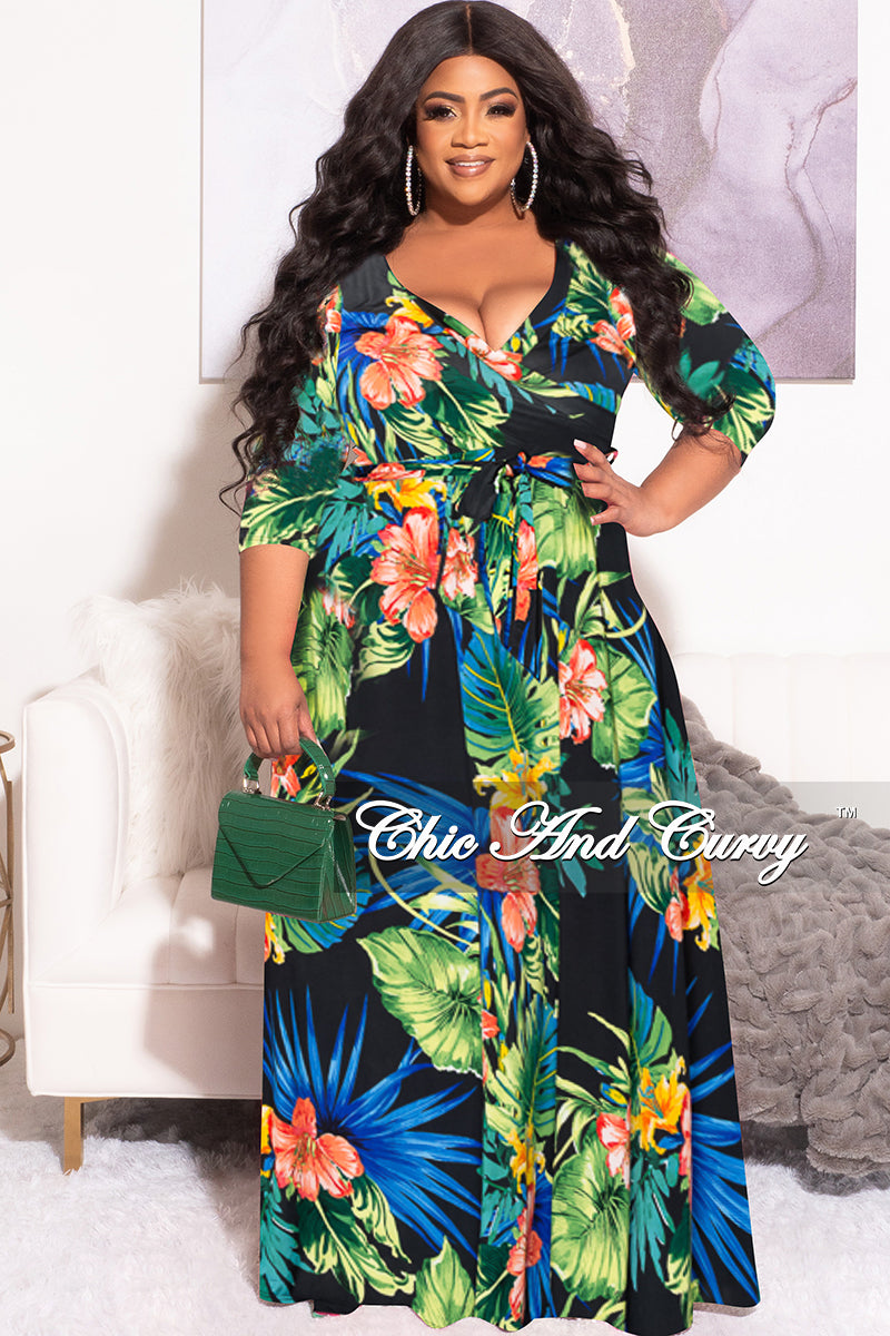 Final Sale Plus Size Faux Wrap Dress in Black Green and Royal Blue Floral Print
