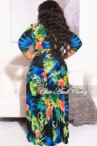 Final Sale Plus Size Faux Wrap Dress in Black Green and Royal Blue Floral Print