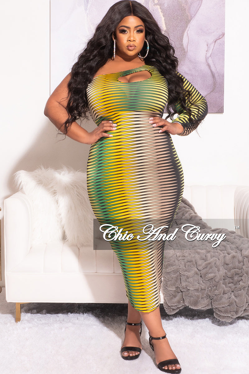 Final Sale Plus Size Long Sleeve Cut Out Midi Dress in Green Tan Mustard and Black