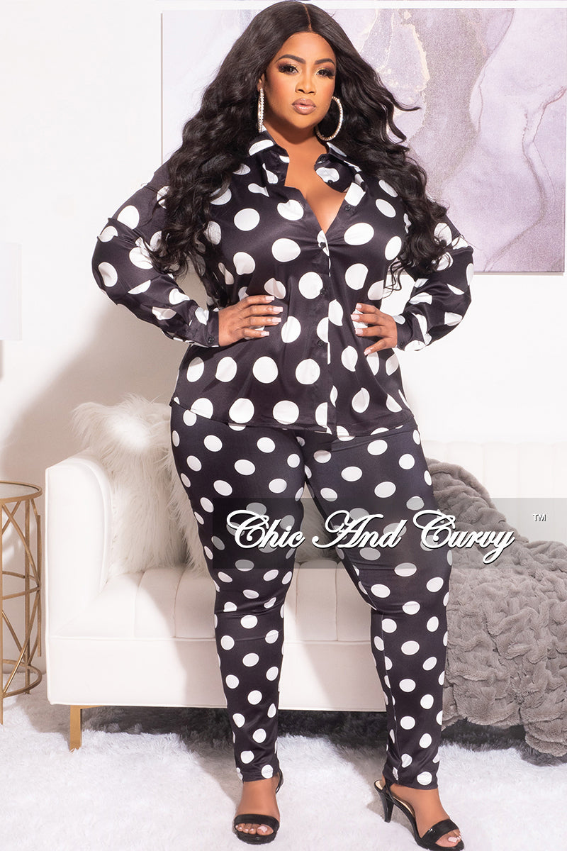 Final Sale Plus Size 2pc Button Up Collar Top and Pants Set in Black and White Polka Dot Print