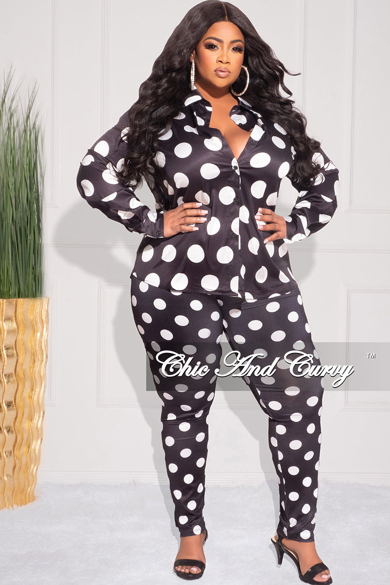 Final Sale Plus Size 2pc Button Up Collar Top and Pants Set in Black and White Polka Dot Print