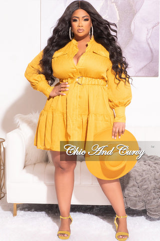 Final Sale Plus Size Long Sleeve Button Up Dress in Mustard