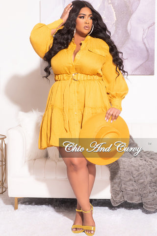 Final Sale Plus Size Long Sleeve Button Up Dress in Mustard