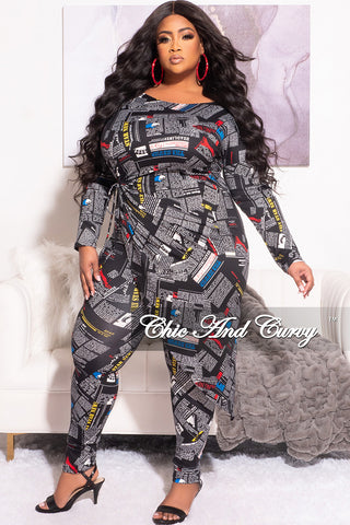 Final Sale Plus Size 2pc High-Low Top and Pants in Black News Print