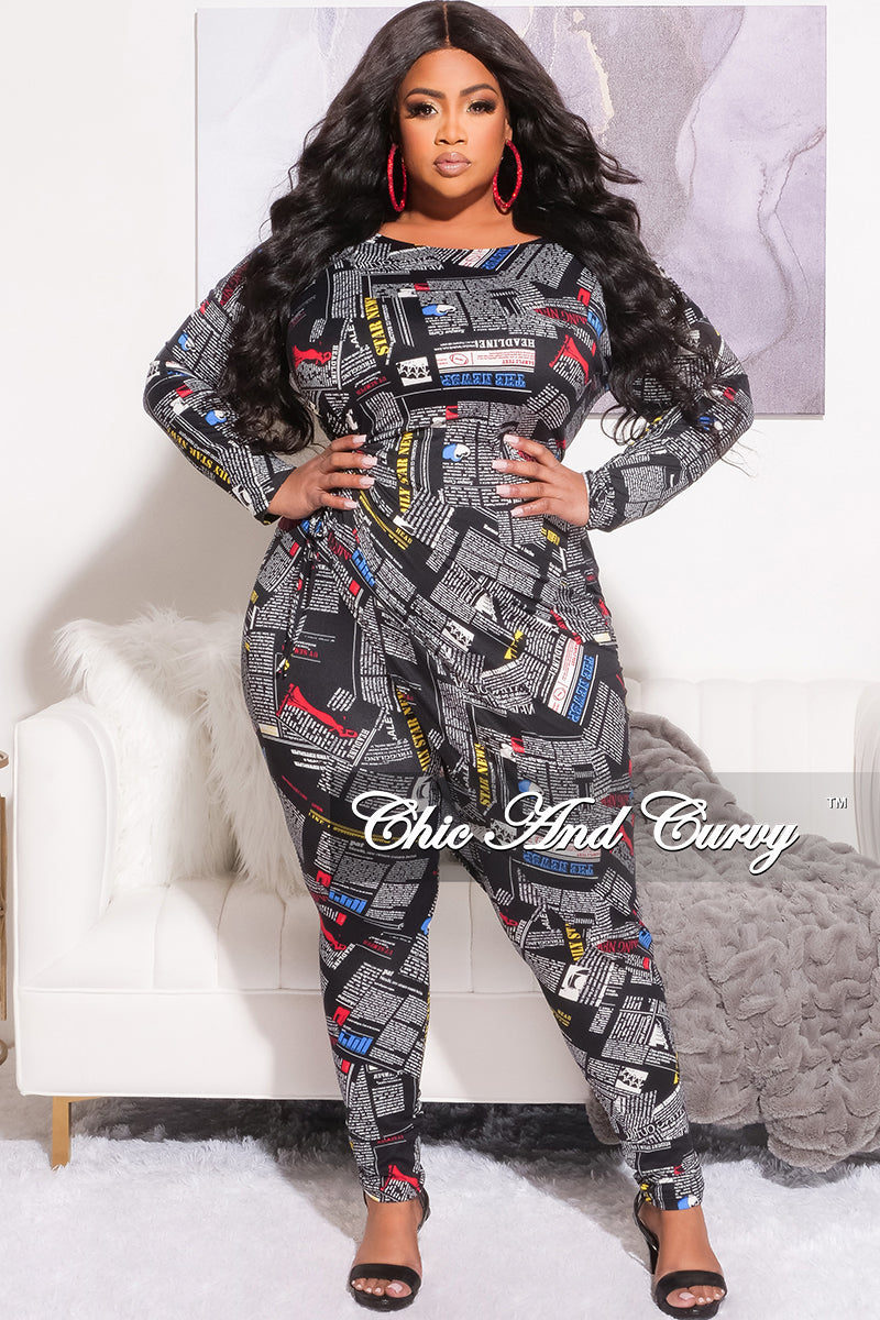 Final Sale Plus Size 2pc High-Low Top and Pants in Black News Print