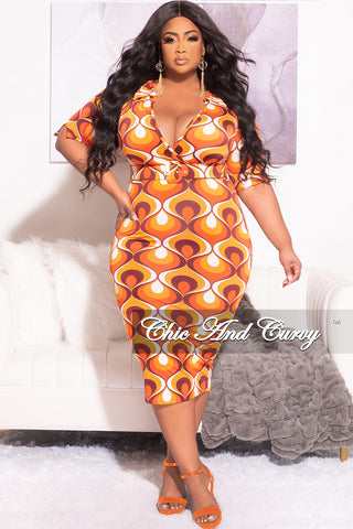 Final Sale Plus Size Collar Faux Wrap Belted Midi Dress in Orange Design Print