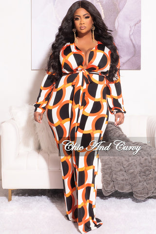 Final Sale Plus Deep V Size Long Sleeve Jumpsuit with Tie in Orange & Ivory Design Print