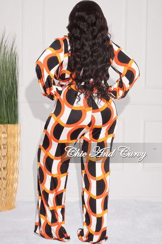 Final Sale Plus Deep V Size Long Sleeve Jumpsuit with Tie in Orange & Ivory Design Print