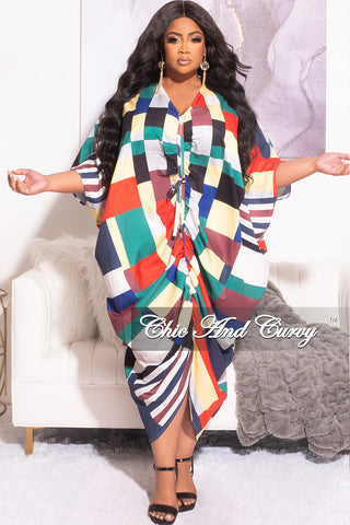 Final Sale Plus Size High-Low Dress with Middle Ruched Drawstring in Multi Color Print