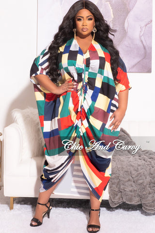Final Sale Plus Size High-Low Dress with Middle Ruched Drawstring in Multi Color Print