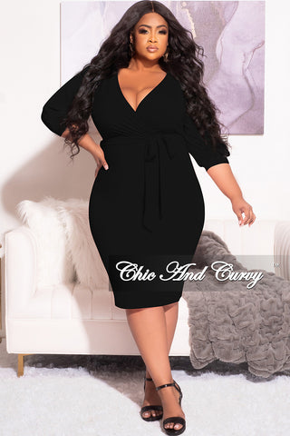 Final Sale Plus Size Faux Wrap BodyCon Dress with Waist Tie in Black
