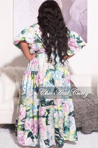Final Sale Plus Size Puffy Sleeve Front Tie Cut Out Tiered Maxi Dress in Floral Multi Color Print