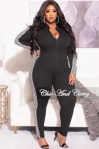 Final Sale Plus Size Knit Rib Zip Up Jumpsuit in Black with White and Black Design Print